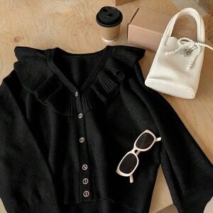 SOLD Black Ruffled Button-Up Sweater